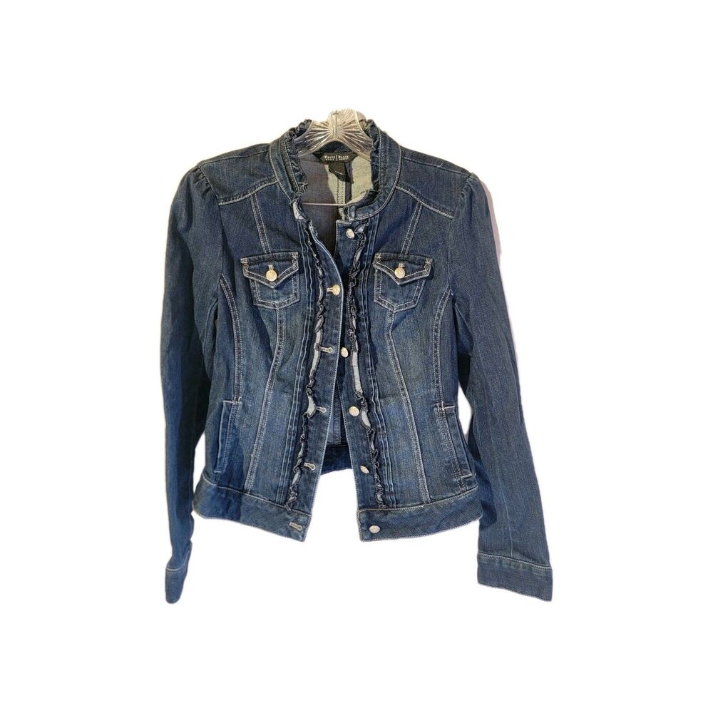 White House Black Market Women's Blue Denim Jacket Ruffle Button Size 4